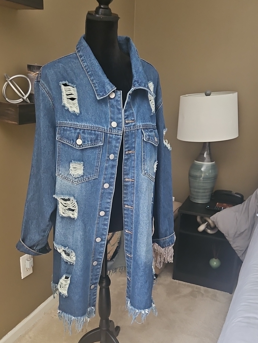 SHEIN Distressed Long Blue Denim Jacket with Frayed Hem